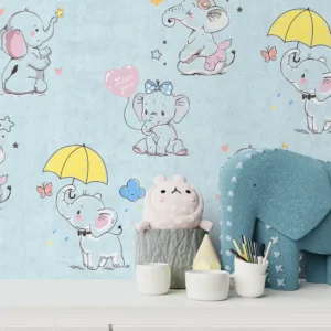 کاغذ دیواری کودک طرح فیل کوچولوها | آبی کد 12001