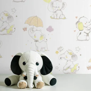 کاغذ دیواری کودک طرح فیل های کوچک | سفید لیمویی کد 12009