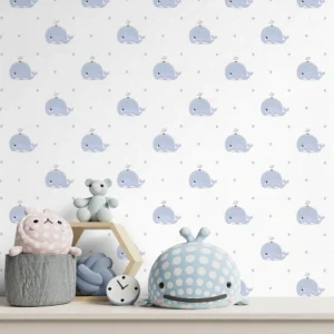 کاغذ دیواری کودک طرح نهنگ‌های دریایی | آبی / سفید کد 12037