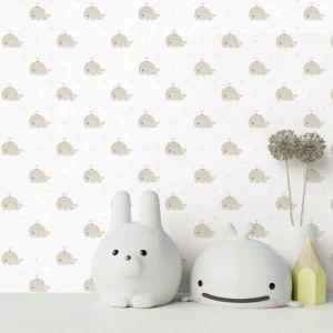 کاغذ دیواری کودک طرح نهنگ‌های دریایی | سفید / کرم کد 12045