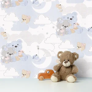 کاغذ دیواری کودک طرح خرسهای عروسکی | آبی کد 12077