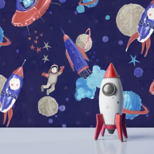 کاغذ دیواری کودک طرح کهکشان و فضانورد | سرمه‌ای کد 12101