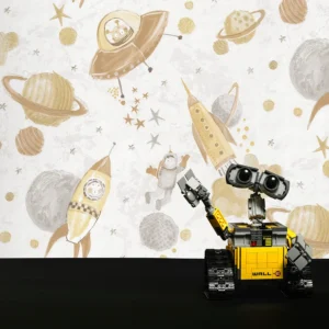 کاغذ دیواری کودک طرح کهکشان و فضانورد | کرم / طلایی کد 12105 